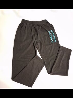 Kenzo Paris Kids Black Cotton Sweatpants Aqua Embroidered Logo